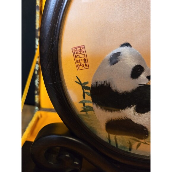 Vtg Chinese Panda CherryBlossom DoubleSided Silk Sichuan Embroidery WoodBase Box - Picture 5 of 8